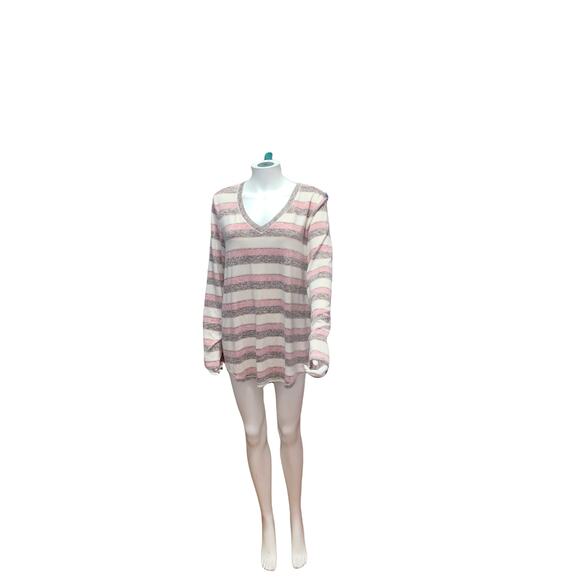 Sunday Pink / Cream Striped V Neck Sweater XL - Picture 3 of 5